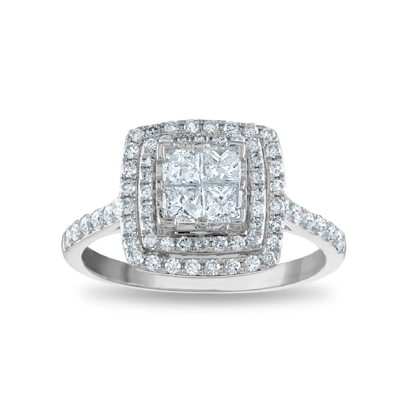 Solitaire Engagement Rings with a High - Clarity Round Diamond and Tapered Band1 CTW Diamond Halo Engagement Ring in 14KT White Gold Solitaire Engagement Rings with a High - Clarity Round Diamond and Tapered Band1 CTW Diamond Halo Engagement Ring in 14KT White Gold