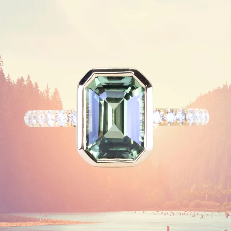 Turquoise Gemstone Rings in 925 Silver with a Southwestern - Inspired Design for a Rustic Charm3.02ct Emerald Cut Madagascar Minty Sapphire Low Profile Bezel Solitaire Ring with French Set Diamonds in 14k Yellow Gold Turquoise Gemstone Rings in 925 Silver with a Southwestern - Inspired Design for a Rustic Charm3.02ct Emerald Cut Madagascar Minty Sapphire Low Profile Bezel Solitaire Ring with French Set Diamonds in 14k Yellow Gold