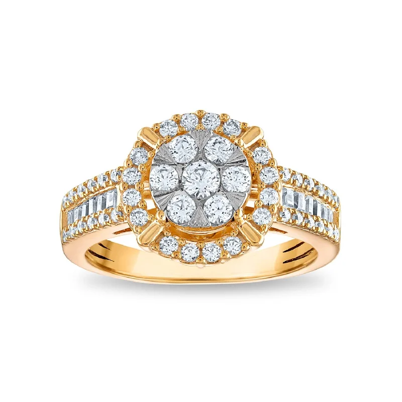 Princess Cut Engagement Rings in 18K White Gold with Micro - Pave Side Stones3/4 CTW Diamond Halo Cluster Ring in 10KT White and Yellow Gold Princess Cut Engagement Rings in 18K White Gold with Micro - Pave Side Stones3/4 CTW Diamond Halo Cluster Ring in 10KT White and Yellow Gold
