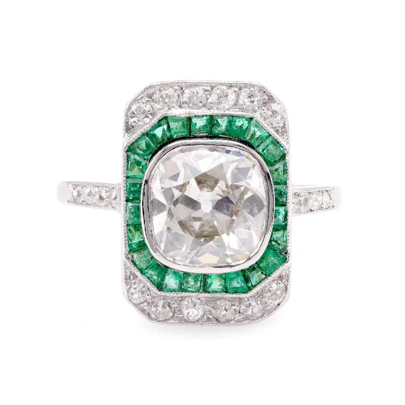 Three - Stone Engagement Rings Symbolizing Love's Past, Present, and Future with Asscher - Cut DiamondsArt Deco GIA 2.11 Carat Old Mine Cut Diamond Emerald Platinum Engagement Ring