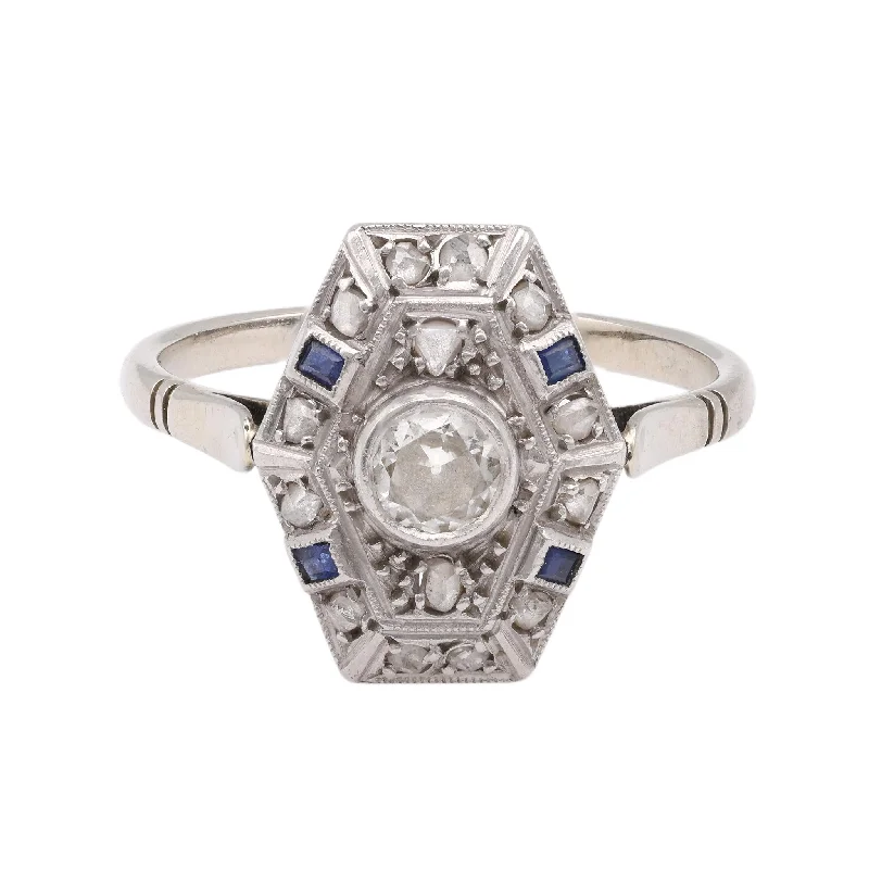 Emerald Cut Engagement Rings with Platinum Gallery and Split Shank DesignArt Deco Old European Cut Diamond Sapphire 18k White Gold Shield Ring Emerald Cut Engagement Rings with Platinum Gallery and Split Shank DesignArt Deco Old European Cut Diamond Sapphire 18k White Gold Shield Ring