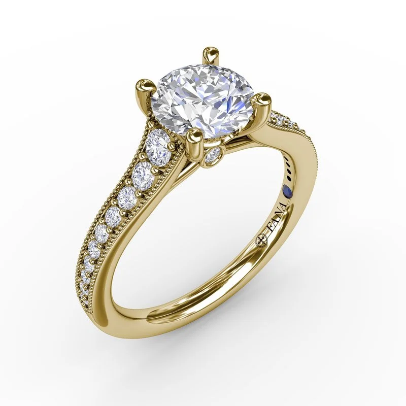 Cathedral - Style Engagement Rings with a Raised Center Stone and Intricate MetalworkClassic Round Diamond Solitaire Engagement Ring With Milgrain Edge Cathedral - Style Engagement Rings with a Raised Center Stone and Intricate MetalworkClassic Round Diamond Solitaire Engagement Ring With Milgrain Edge