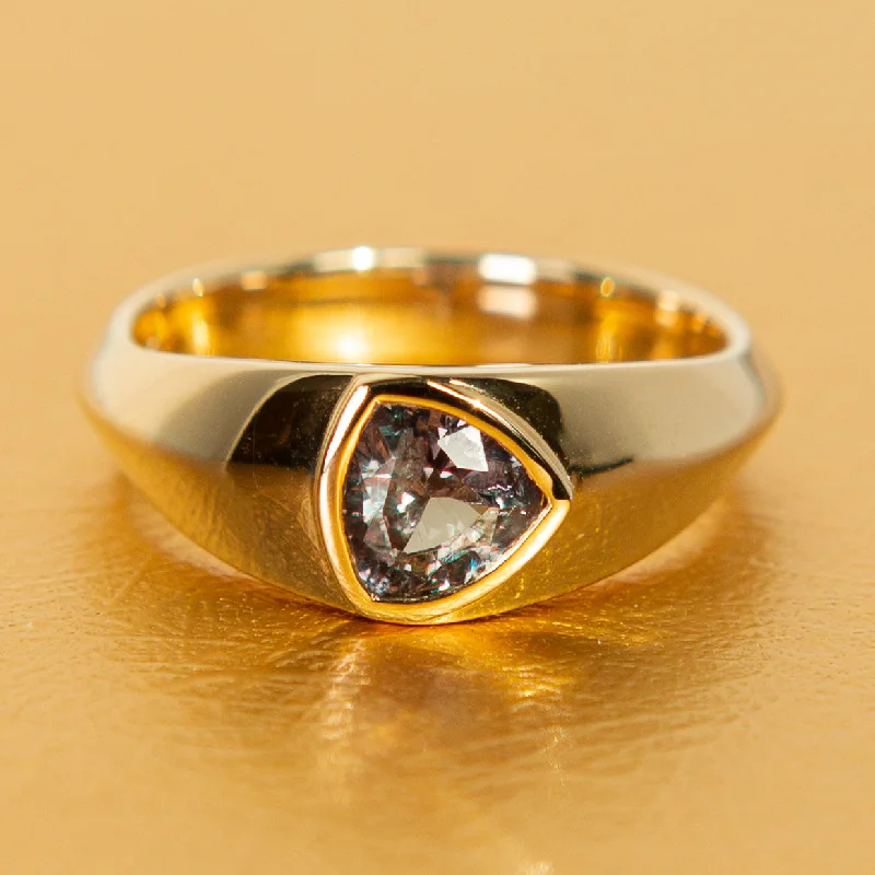 Halo Engagement Rings with a Cushion - Cut Center Diamond and Rose Gold BandColor-Change Trillion Garnet Signet Ring in 14k Yellow Gold