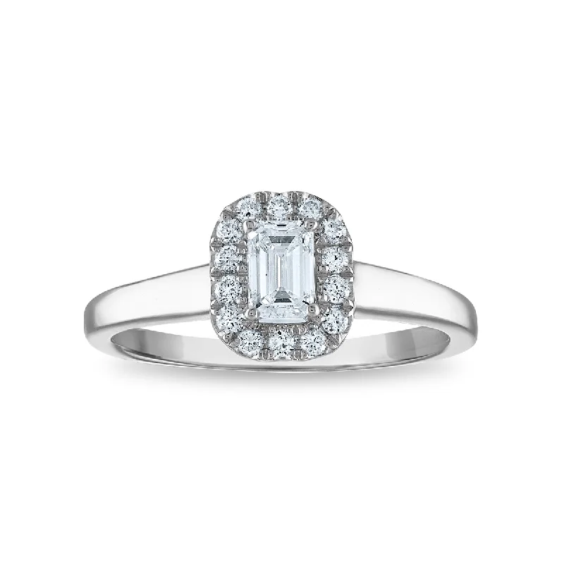 Emerald Cut Engagement Rings with Platinum Gallery and Split Shank DesignEcoLove 1/2 CTW Lab Grown Diamond Halo Engagement Ring in 10KT White Gold Emerald Cut Engagement Rings with Platinum Gallery and Split Shank DesignEcoLove 1/2 CTW Lab Grown Diamond Halo Engagement Ring in 10KT White Gold