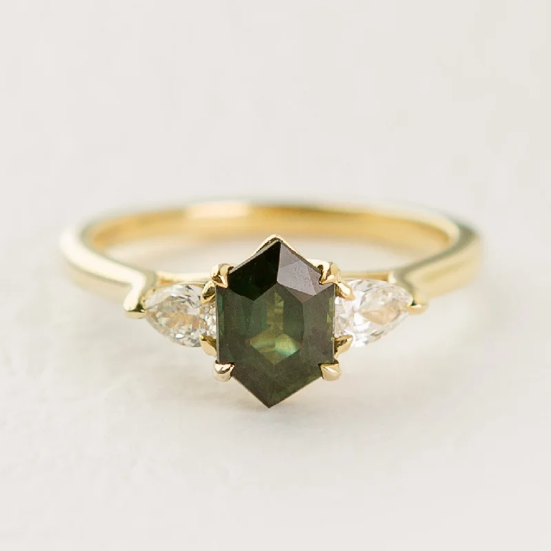 Engagement Rings with Sapphire and Diamond Combinations in a Vintage StyleHexagonal Sapphire & Pear Diamond Trellis Ring in 18k Yellow Gold Engagement Rings with Sapphire and Diamond Combinations in a Vintage StyleHexagonal Sapphire & Pear Diamond Trellis Ring in 18k Yellow Gold
